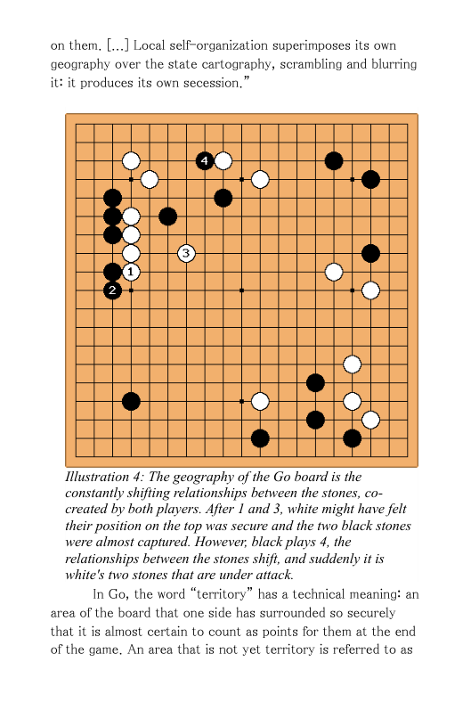 on them, [...] Local self-organization superimposes its own  geography over the state cartography, scrambling and blurring it: it produces its own secession.”  oHTeorH?  Hel e  e  ® oL ¢ ‘7  Hllustration 4: The geography of the Go board is the constantly shifiing relationships between the stones, co- created by both players. Afier 1 and 3, white might have felt their position on the fop was secure and the two black stones were almost captured. However, black plays 4, the relationships between the stones shifi, and suddenly it is white’s two stones that are under attack.  In Go, the word “territory” has a technical meaning: an area of the board that one side has surrounded so securely that it is almost certain to count as points for them at the end of the game. An area that is not yet territory is referred to as  